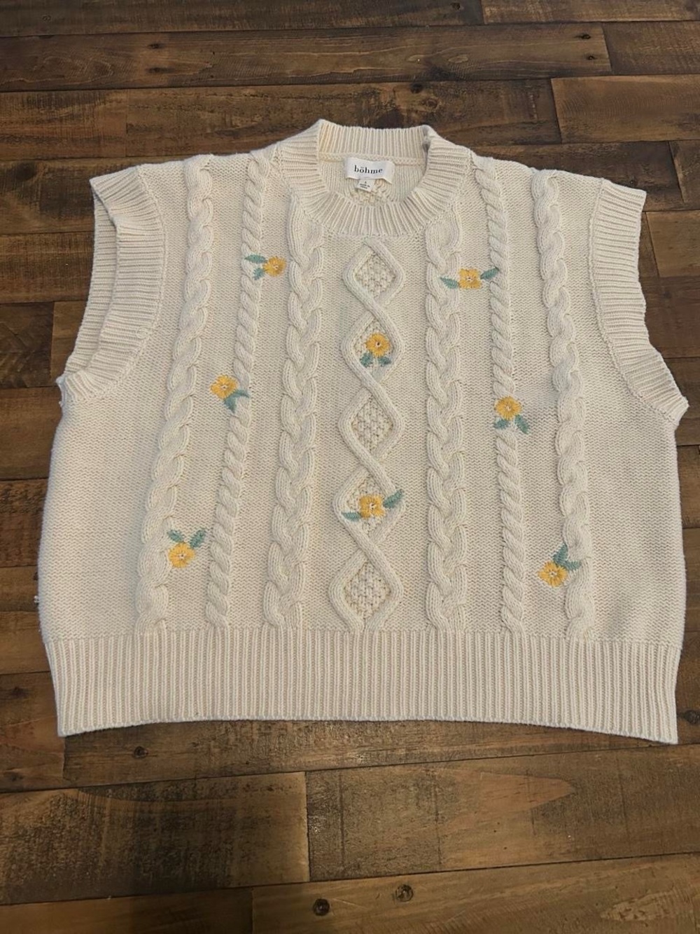 bohme Cream Cable Knit V-Neck Sweater Vest with Yellow Floral Embroidery